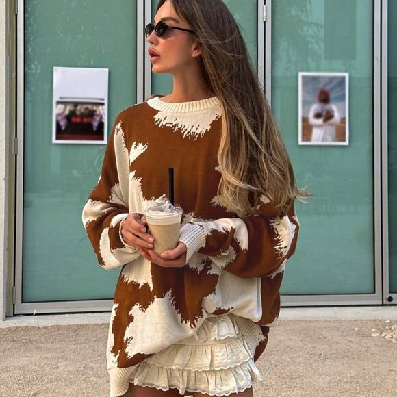 Multicolor Casual Women's Cow Print Western Cowboy Round Neck sweater top - Picture 3 of 9